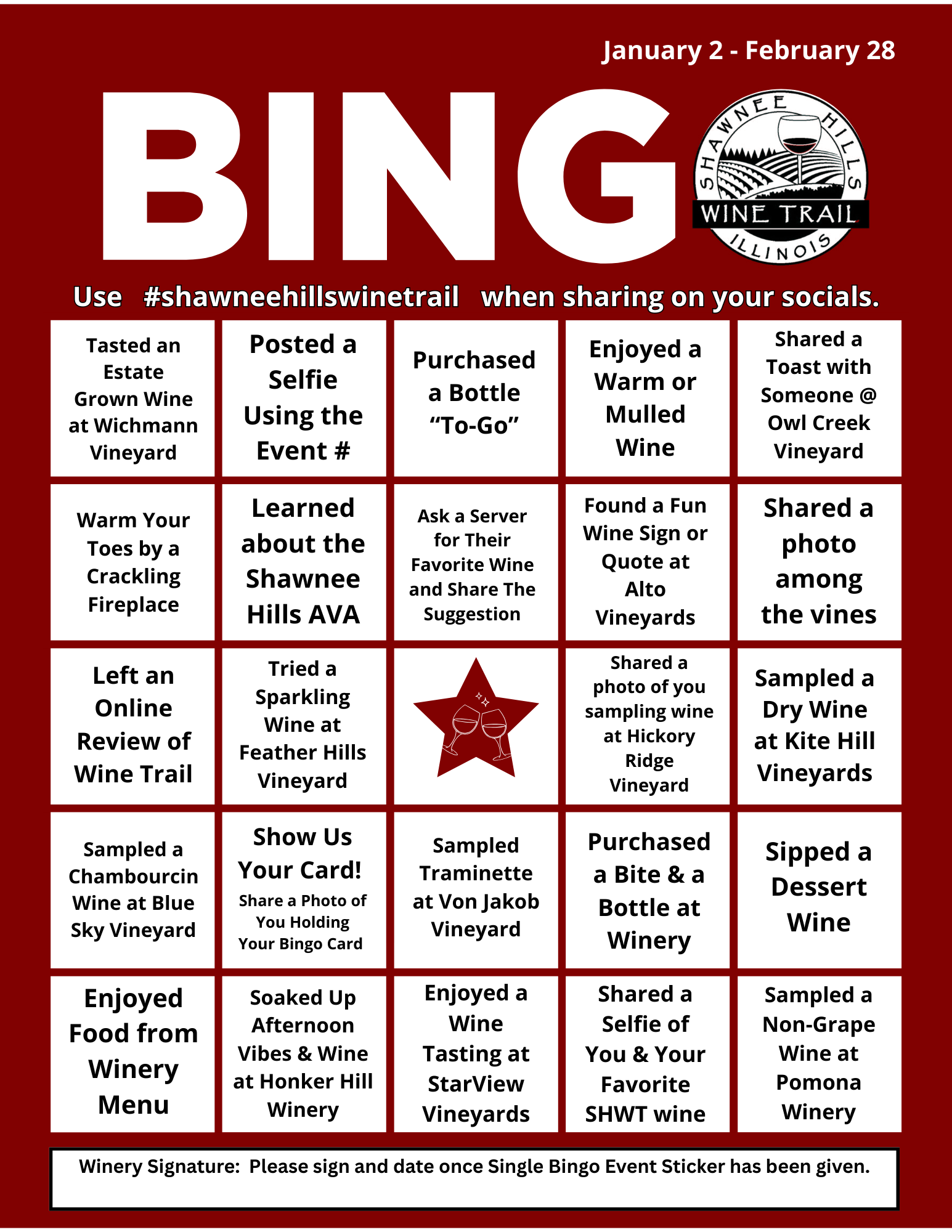 Shawnee Hills Wine Trail Bingo Card