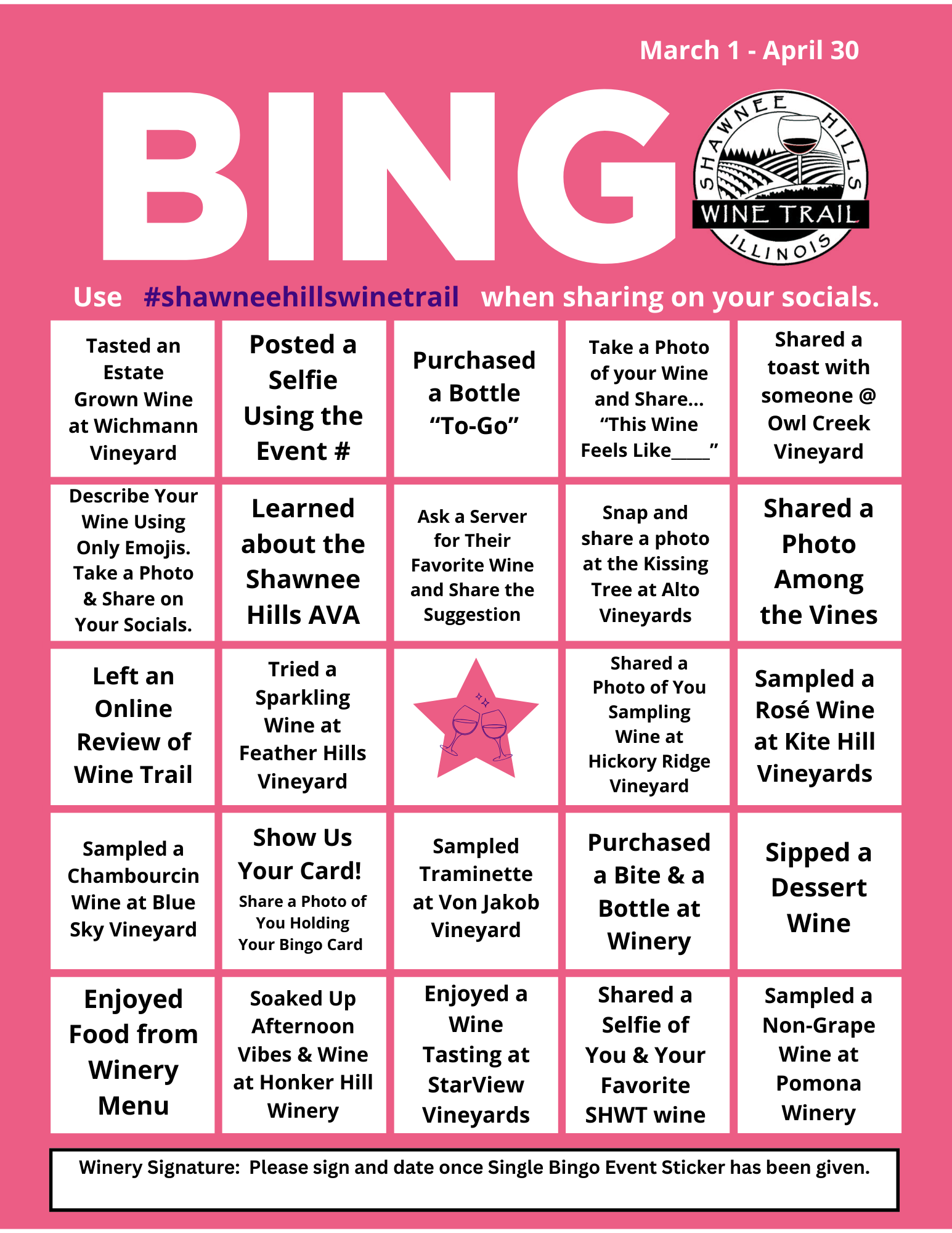 Shawnee Hills Wine Trail Spring Bingo Card